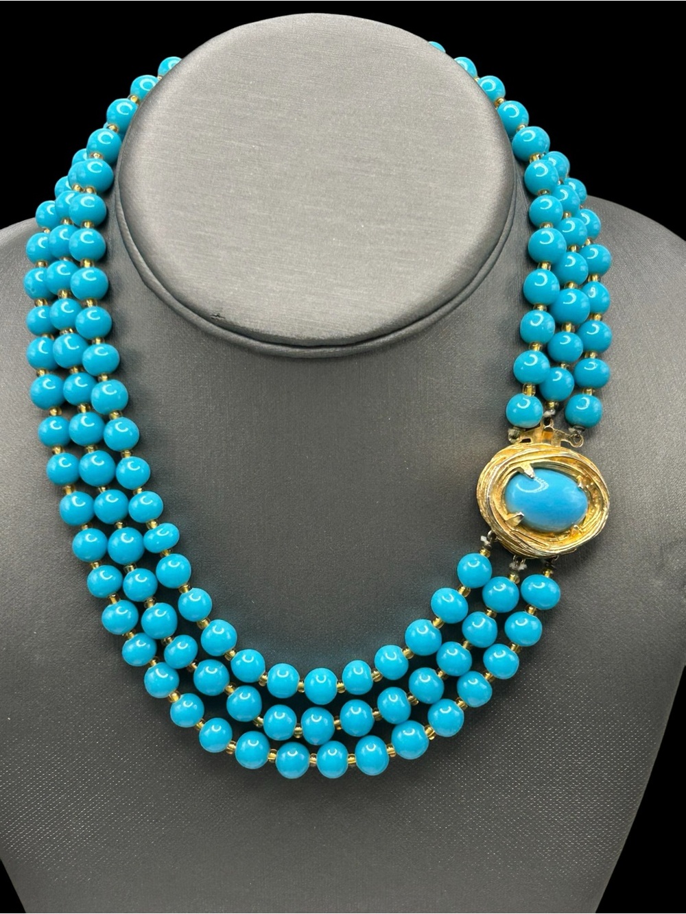 Vintage DeNicola Turquoise Glass Bead Multi Strand Necklace Ornate Clasp
